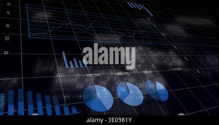 Displaying 3D data visuals across dark grid, showing line panel, pie charts, bars, labels Stock Photo