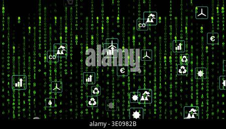 Showing matrix linking green binary digits with floating eco finance icons in abstract scene, CO2 Stock Photo