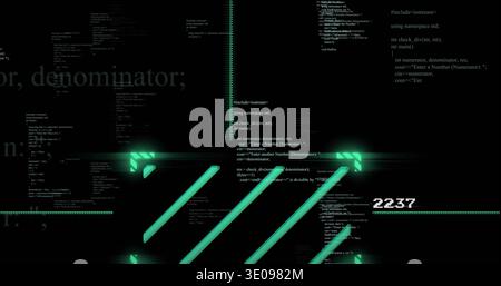 Glowing teal diagonal bars moving across black digital interface, crossing vertical neon line 2237 Stock Photo
