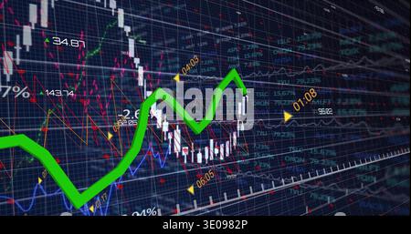 Displaying green trend line rising across trading screen, showing white candles and yellow arrows Stock Photo