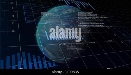 Displaying rendered Earth globe overlaying 3D grid in dashboard, with bar charts and line graphs Stock Photo