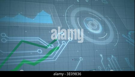 Displaying circular radar-like HUD pulsing on right of digital dashboard, with green zigzag chart Stock Photo