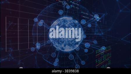Displaying glowing blue wireframe globe on virtual dashboard, showing node icons and tickers Stock Photo