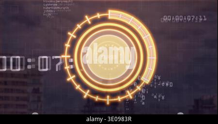 Projecting holographic HUD over urban skyline at dusk, showing central readout 56435, timestamp Stock Photo