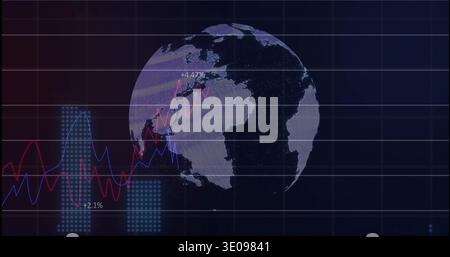 Displaying stylized globe intersecting red and blue line graphs on dashboard, showing +4 Stock Photo