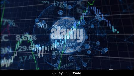Displaying holographic globe and candlestick chart on virtual dashboard, showing green trend Stock Photo