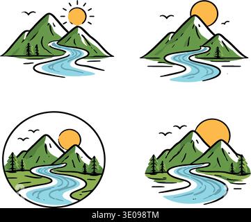 Nature icons with mountain river sun minimal . Vector illustration Stock Vector