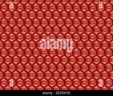 Abstract geometric pattern with bitcoin. A seamless background. Red and gold ornament. Graphic modern pattern. Simple lattice graphic design. - Vector illustration Stock Vector