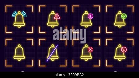 Bell alert symbol set, cyber neon visual, glowing border grid vector. Stock Vector