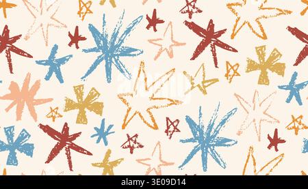 Seamless pattern of hand-drawn stars created with oil pastel texture in a earthy color palette. This crayon playful, childlike design is ideal for nur Stock Vector