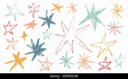 Set of hand-drawn colorful stars set with oil pastel or crayon texture on a white grid background. This whimsical doodles are ideal for children's des Stock Vector