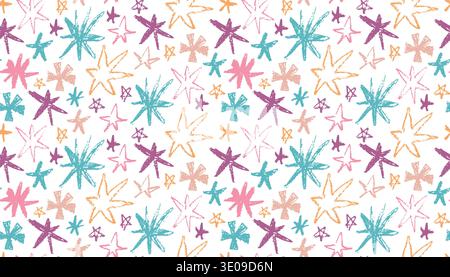 Seamless pattern of hand-drawn stars featuring a textured oil pastel and crayon aesthetic in vibrant colors. This playful, whimsical design is perfect Stock Vector