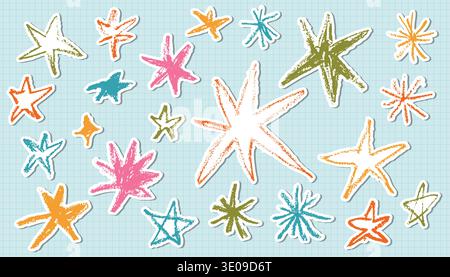 Hand-drawn colorful stars stickers set with a textured oil pastel and crayon effect on a light blue grid background. This whimsical sticker-style coll Stock Vector