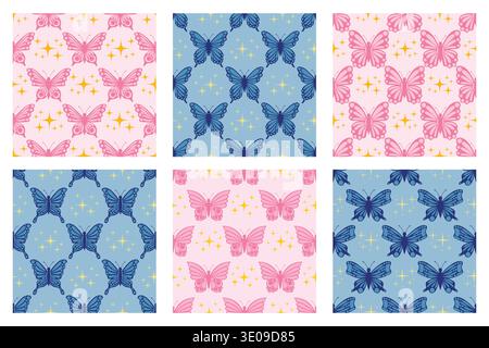 Set of seamless patterns featuring ethereal butterflies and celestial stars in y2k aesthetic. Charming illustrations in pink and blue palettes, perfec Stock Vector