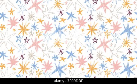 Seamless pattern of hand-drawn stars featuring a textured oil pastel and crayon aesthetic on a white background. This whimsical, colorful design is id Stock Vector