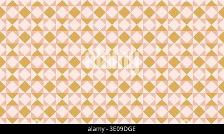 Seamless geometric pattern featuring pink, gold, and cream triangles and diamonds in a rhythmic mosaic design. This tileable vector background is idea Stock Vector