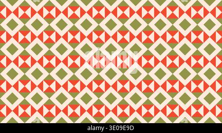 Seamless geometric pattern featuring red and green triangles and diamonds in a rhythmic, mosaic-like grid. This festive, tileable vector design is per Stock Vector