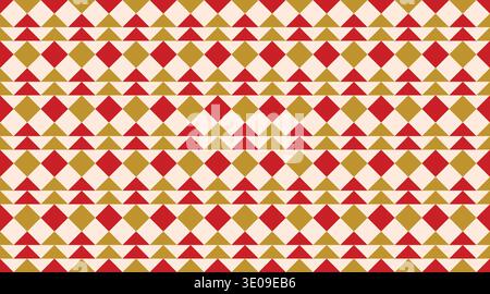Seamless geometric pattern featuring red and gold diamonds and triangles in a rhythmic, mosaic-like grid. This festive, tileable vector design is perf Stock Vector