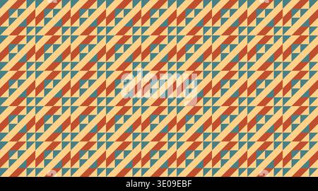 Seamless geometric tribal pattern featuring a rhythmic grid of triangles and diagonal stripes in retro teal, orange, and red tones. This vintage tilea Stock Vector
