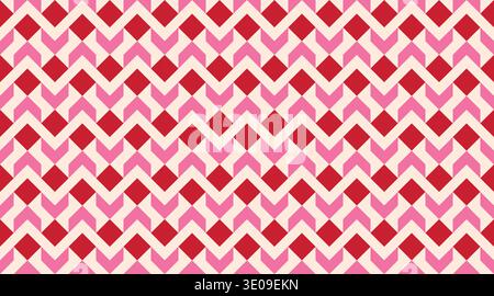 Seamless geometric pattern featuring pink and red diamonds intertwined with cream chevron zigzags. This vibrant, tileable design is perfect for Valent Stock Vector