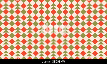 Seamless geometric pattern featuring abstract green Christmas trees and red diamonds in a rhythmic grid. This festive, tileable design is perfect for Stock Vector