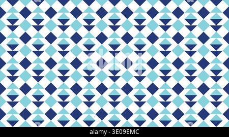 Seamless geometric pattern with blue and white diamonds and triangles in a rhythmic, tribal-inspired arrangement. This modern tileable vector backgrou Stock Vector