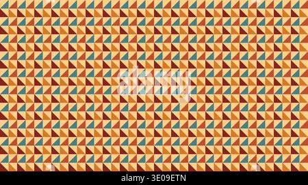 Seamless geometric pattern featuring a rhythmic tribal grid of triangles in warm orange, red, and blue tones. This retro-inspired tileable design is p Stock Vector