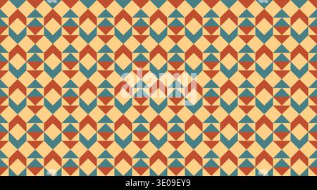 Seamless geometric pattern featuring a rhythmic grid of tribal triangles, arrows and diamonds in retro orange, teal, and mustard tones. This vintage Stock Vector