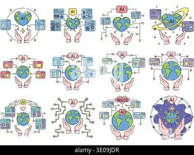 Set of AI-themed vector illustrations featuring hands holding Earth with AI icons, highlighting global impact and technological advancements Stock Vector
