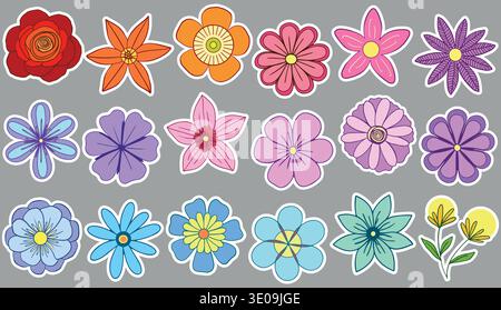 Set of colorful cartoon flower stickers on gray background featuring various blooms in flat style Stock Vector