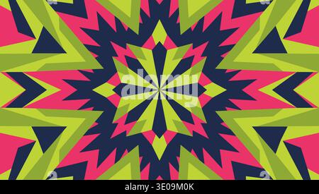 An energetic abstract background showcasing a symmetrical kaleidoscopic star motif with sharp jagged edges. The bright color palette of lime green, ho Stock Vector