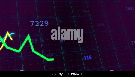 Displaying neon green line zigzagging on dashboard, with yellow teal line, turquoise grid, numbers Stock Photo
