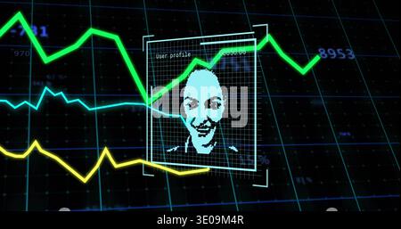 Displaying pixelated user-profile panel on grid dashboard, showing neon green cyan yellow graphs Stock Photo