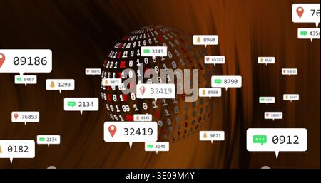 Rotating 3D binary sphere emitting floating notification tags in virtual UI, icons and numbers Stock Photo