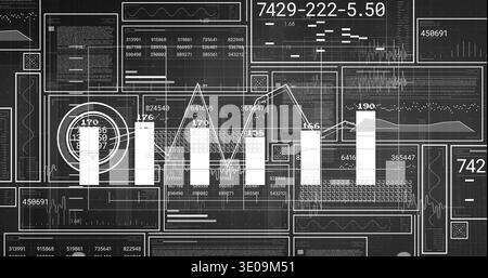 Displaying central five-bar and line chart on digital dashboard, with gauge, sparklines, readouts Stock Photo