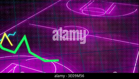 Displaying neon court geometry with cyan grid and jagged green yellow line graph on glossy surface Stock Photo