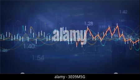 Displaying financial chart on dark blue display, showing orange line, white candles, numeric labels Stock Photo