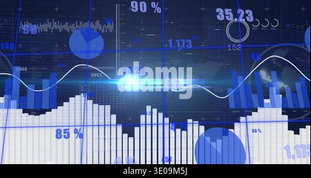 Displaying blue data dashboard on screen, showing vertical bar charts, line graphs, percentages Stock Photo