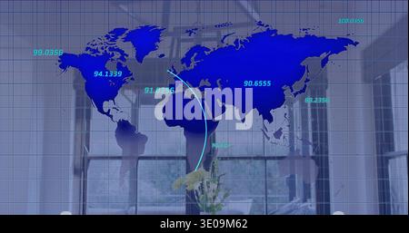 Displaying blue world map overlay over office windows with yellow flowers, showing cyan data Stock Photo