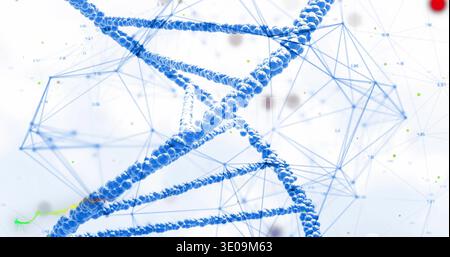 Twisting blue DNA helix with spherical beads in lab-style visualization, showing wireframe network Stock Photo