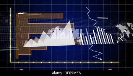 Displaying composite data centering on digital dashboard, featuring yellow axis and charts Stock Photo