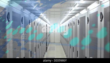 Displaying two parallel rows of gray server cabinets running down data center aisle, teal overlay Stock Photo