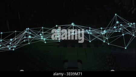 Displaying glowing cyan nodes and connecting lines flowing across PCB at center, with microchip Stock Photo