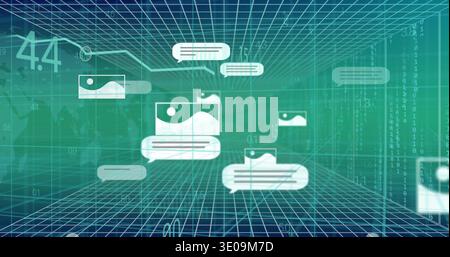 Floating white message icons glowing in virtual data space, showing thumbnails over wireframe grid Stock Photo