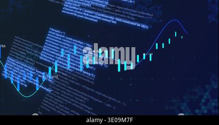 Displaying teal candlestick chart tracing smooth trend line on dark dashboard showing code labels Stock Photo