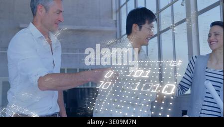 Greeting team shaking hands in office in office wear, woman holding rolled plans, digital overlay Stock Photo