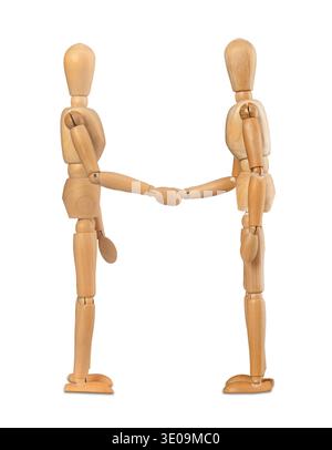 Two wooden dummies shake hands on white background Stock Photo