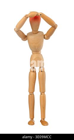 Wooden dummy with headache isolated on white background Stock Photo