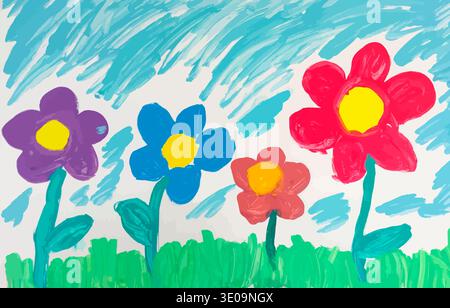 Colorful child's painting featuring vibrant flowers growing in a field of green grass under a bright blue sky, evoking joy and creativity Stock Photo