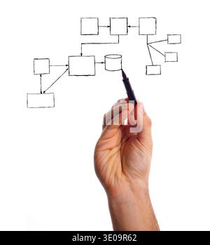 Hand with marker draws on transparent blackboard of empty diagrams. Stock Photo